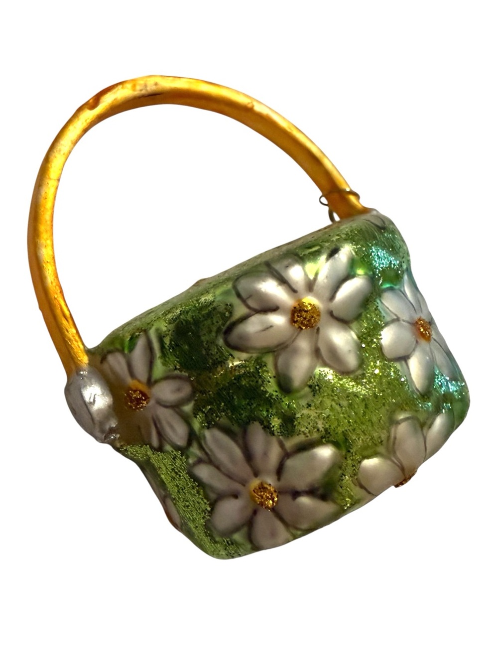 Dept 56 Daisy Purse Basket Ornament Green Floral Glitter Handbag Decor